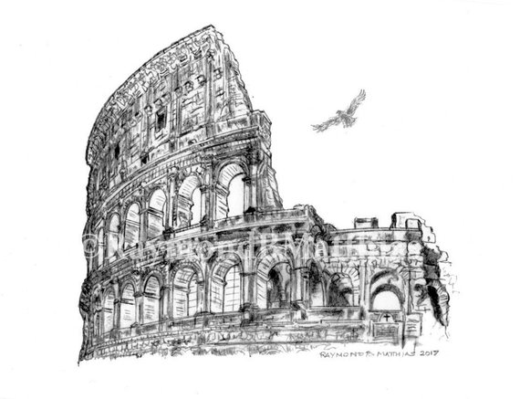 570x437 Colosseum Rome Italy Pen And Ink Pencil Drawing Illustration Etsy - Colosseum Drawing