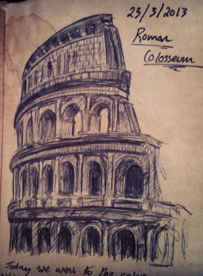 703x956 Colosseum Pen Drawing, Sketch, Travel Art Journal Coffee Stained - Colosseum Drawing