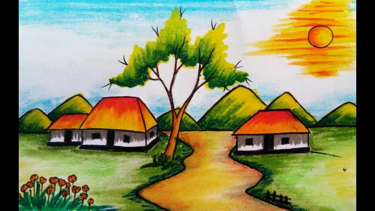 1280x720 how to draw a beautiful pastel colour village scenery for kids - Colour Drawing