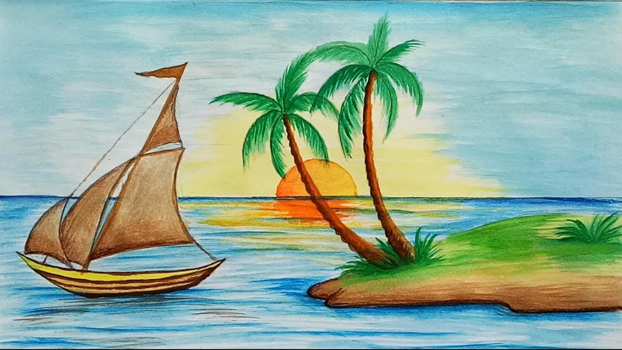 1280x720 how to draw scenery of island with water colour step - Colour Drawing