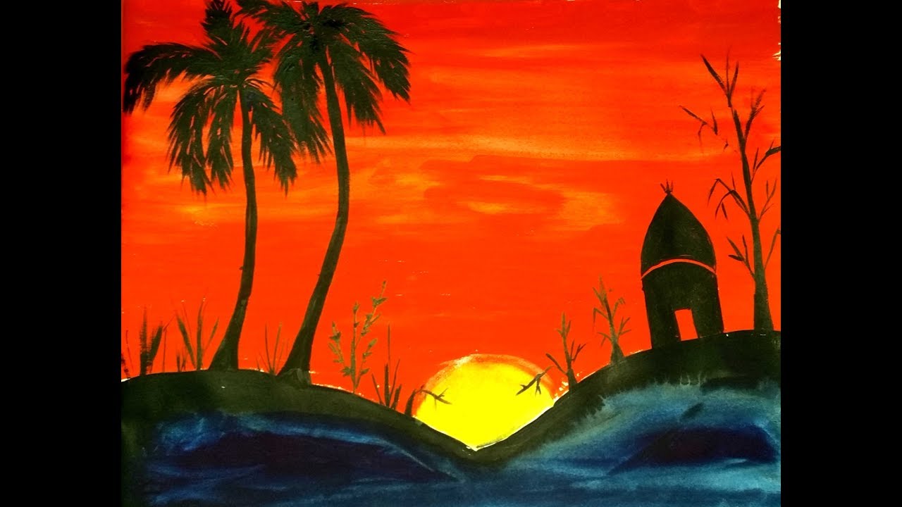 1280x720 Sunset Scenery Drawing With Poster Colour - Colour Drawing