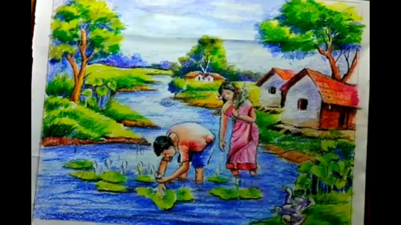 1280x720 How To Draw Oil Pastel Colour Landscape Drawing Very Easy - Colour Drawing Images