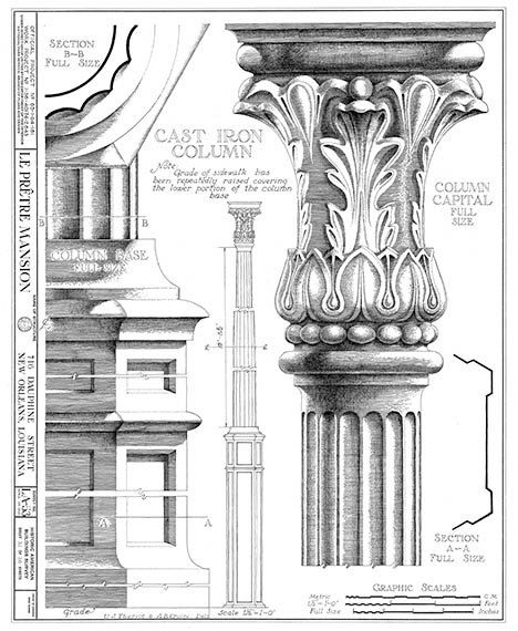 468x570 new orleans french quarter mansion architectural drawing blueprint - Column Drawing