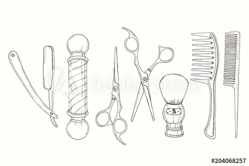 500x334 hand drawn barber shop set in sketch style razor, scissors - Comb Drawing