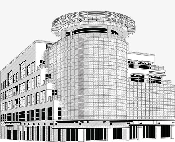 611x496 line drawing building, company building, black and white, business - Company Drawing