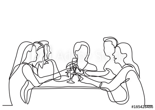 500x354 continuous line drawing of company of friends dining in restaurant - Company Drawing