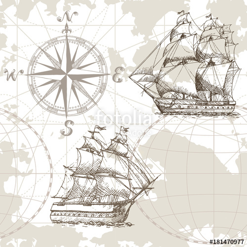 500x500 Hand Drawn Vector Seamless Sea Map With Compass And Sailing Ship - Compass And Map Drawing