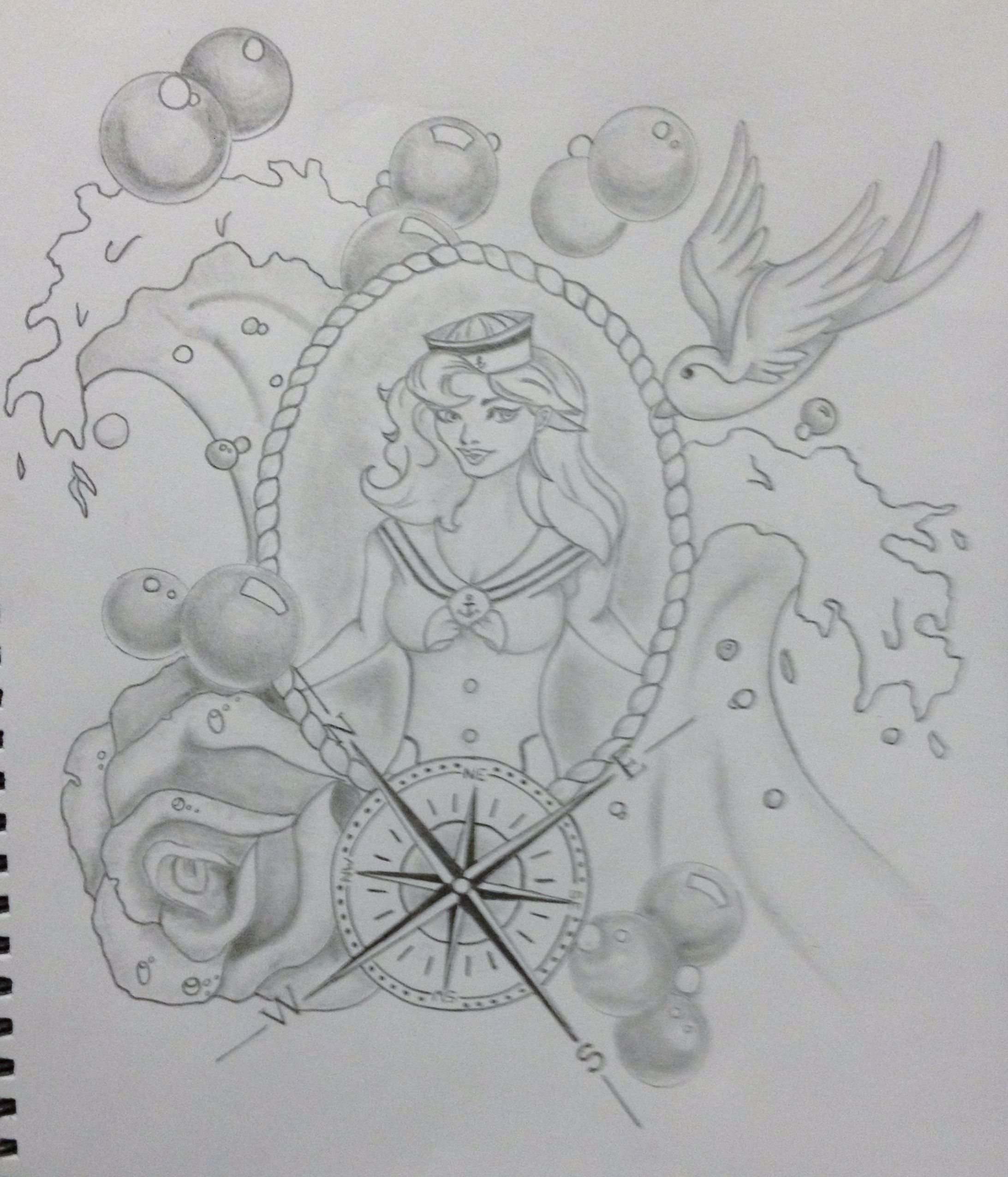 2185x2552 pin up, compass, rose, sparrow, bubbles, waves, sea, ocean - Compass Flower Drawing