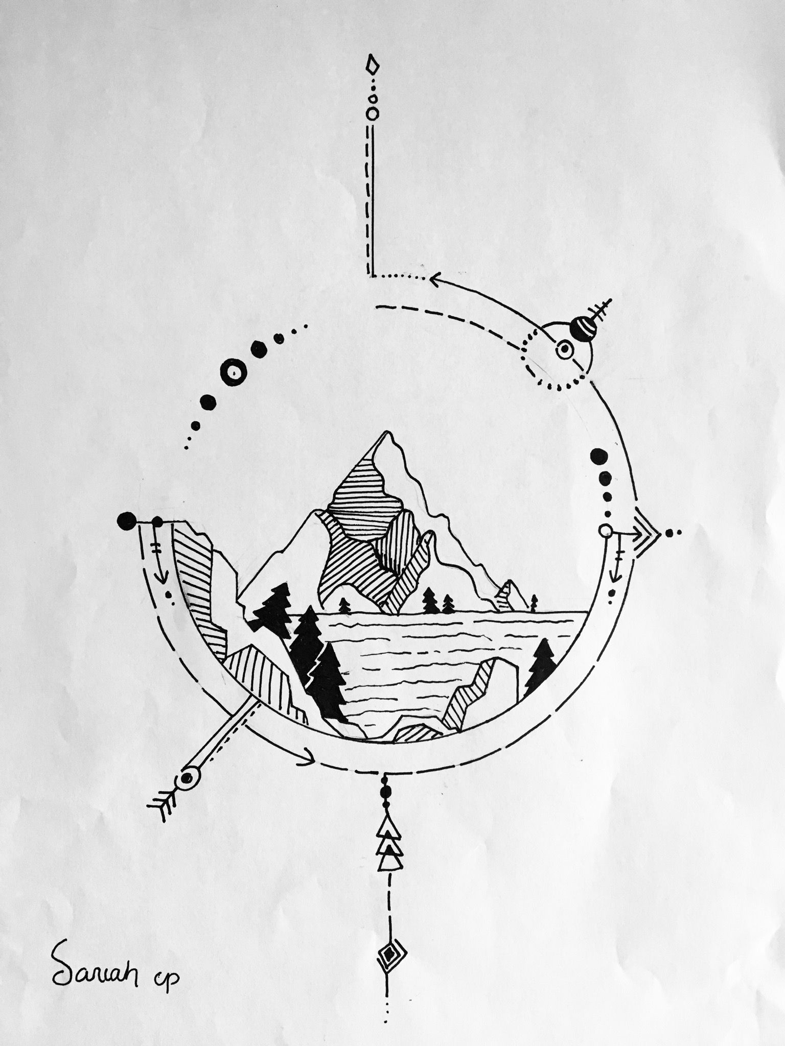1536x2048 Mountain And Compass Line Art Drawing Black Pen Wall Candy - Compass Line Drawing
