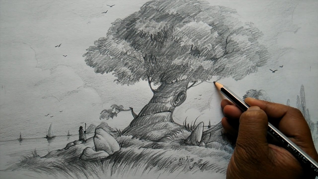 1280x720 how to draw a tree and house with composition for beginners - Composition Drawing