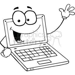 300x300 Laptop Cartoon Character Waving A Greeting Clipart Royalty Free - Computer Cartoon Drawing