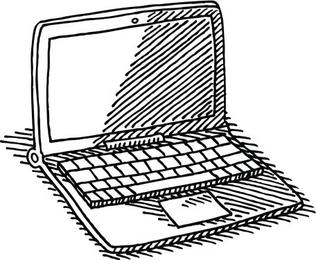 456x375 Hand Drawn Vector Drawing Of An Office Desk With A Computer - Computer Drawing