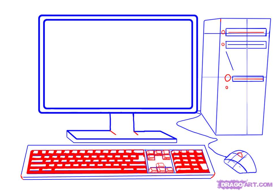 950x661 How To Draw A Computer, Tower, Keyboard, Screen, Mouse, Step - Computer Drawing