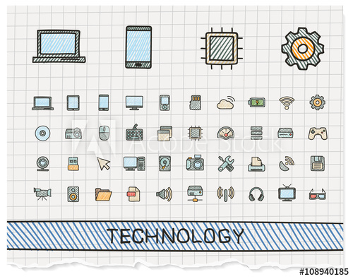 500x395 Technology Hand Drawing Line Icons Vector Doodle Pictogram Set - Computer Drawings With Symbols