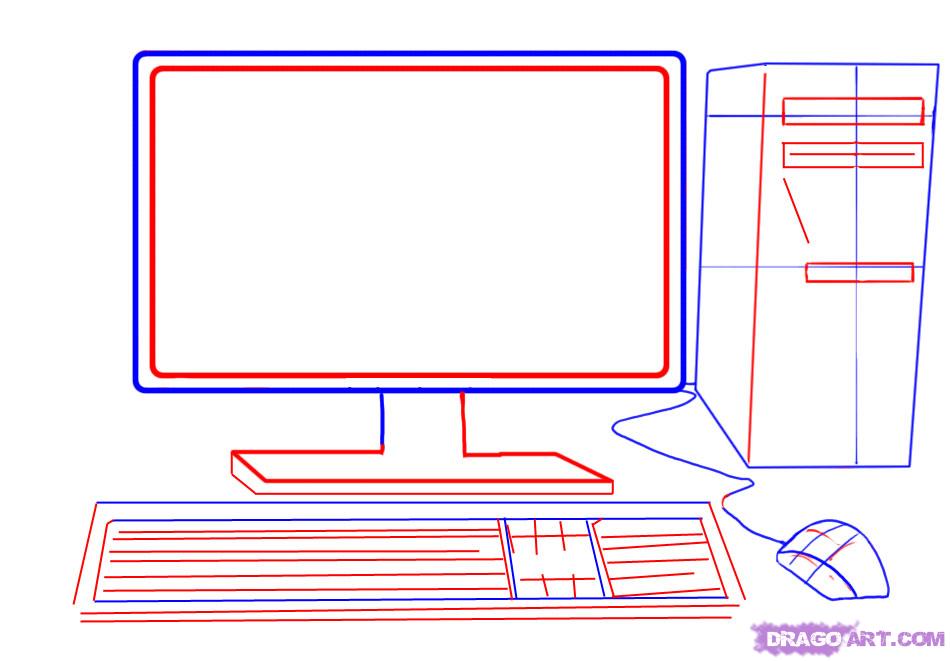 950x661 How To Draw A Computer, Tower, Keyboard, Screen, Mouse, Step - Computer Line Drawing