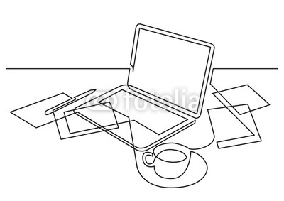 400x283 Continuous Line Drawing Of Laptop Computer Papers And Cup Of Tea - Computer Line Drawing