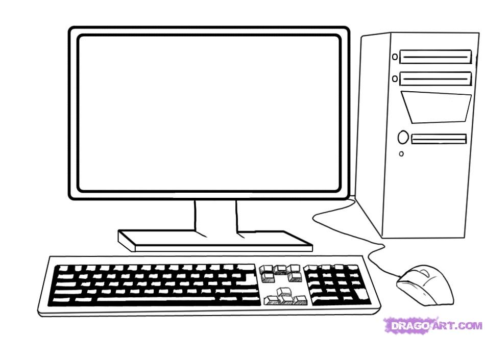 950x661 How To Draw A Computer, Tower, Keyboard, Screen, Mouse, Step - Computer Monitor Drawing