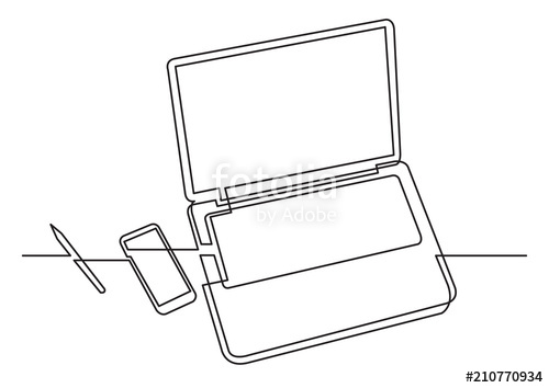 500x354 Continuous Line Drawing Of Laptop Computer Phone And Pencil Stock - Computer Pencil Drawing