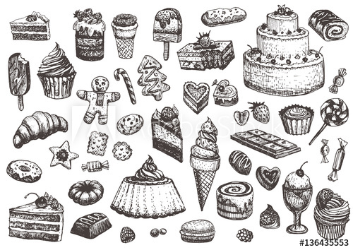500x354 illustration of cakes, pies, biscuits, ice cream, cookies, sweets - Confectionery Drawing