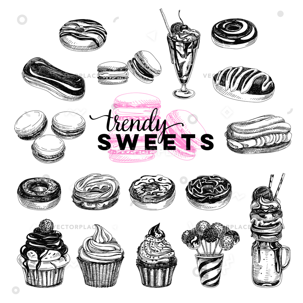 1000x1000 trendy sweets set confectionery products illustrations vector - Confectionery Drawing
