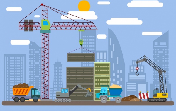 600x379 Construction Site Drawing Crane Vehicles Building Icons Free - Construction Site Drawing