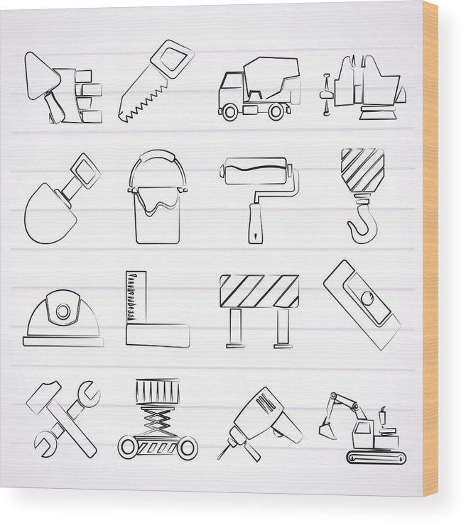 656x740 Building And Construction Tools Icons Wood Print - Construction Tools Drawing
