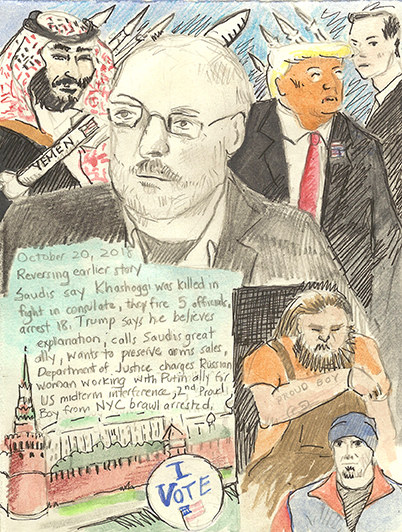 402x532 Elise Engler First Radio Headlines Heard Of The Day Drawing - Consulate Drawing