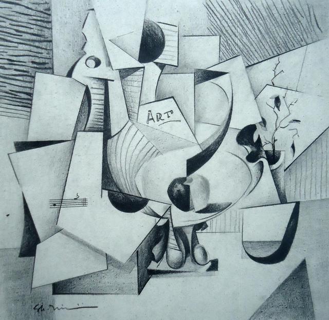 640x624 Gheorghe Irimia Artwork Still Life With Guitar Original Drawing - Contemporary Still Life Drawing