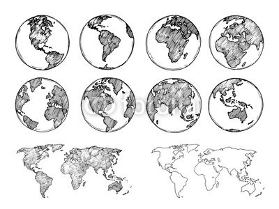 400x300 Globe Sketch Hand Drawn Earth Planet With Continents And Oceans - Continents Drawing