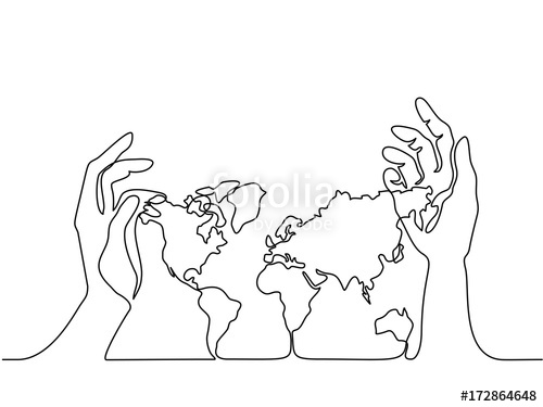 500x375 continuous line drawing map of the earth in human hands vector - Continuous Drawing
