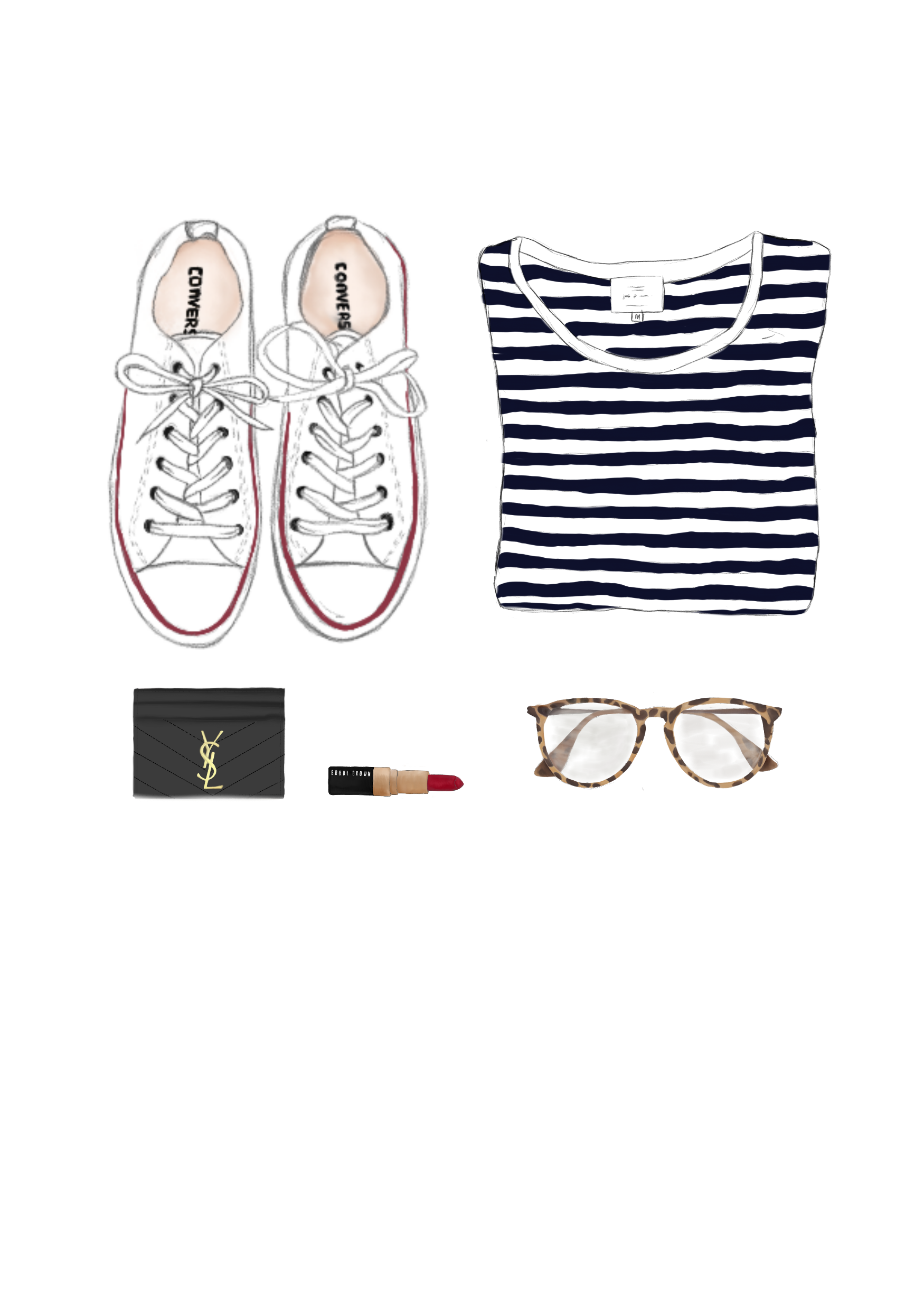 1750x2480 Flatlay Illustration Converse, Lipstick And Stripe Top Drawing - Converse Drawing