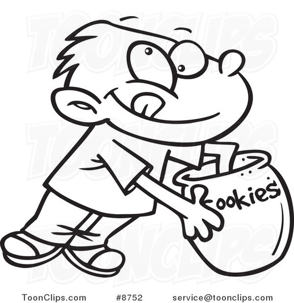 581x600 Cartoon Black And White Line Drawing Of A Boy Reaching In A Cookie - Cookie Jar Drawing