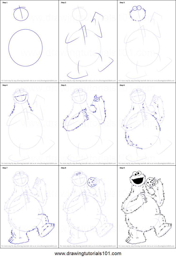 751x1107 how to draw cookie monster from sesame street printable step - Cookie Monster Drawing