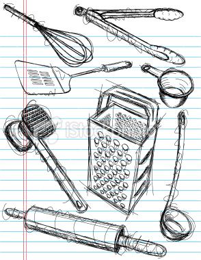 294x380 sketchy, hand drawn kitchen utensils on notebook paper the items - Cooking Utensils Drawing