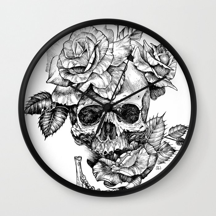 700x700 Black And White Skull With Roses Pen Drawing Wall Clock - Cool Clock Drawings
