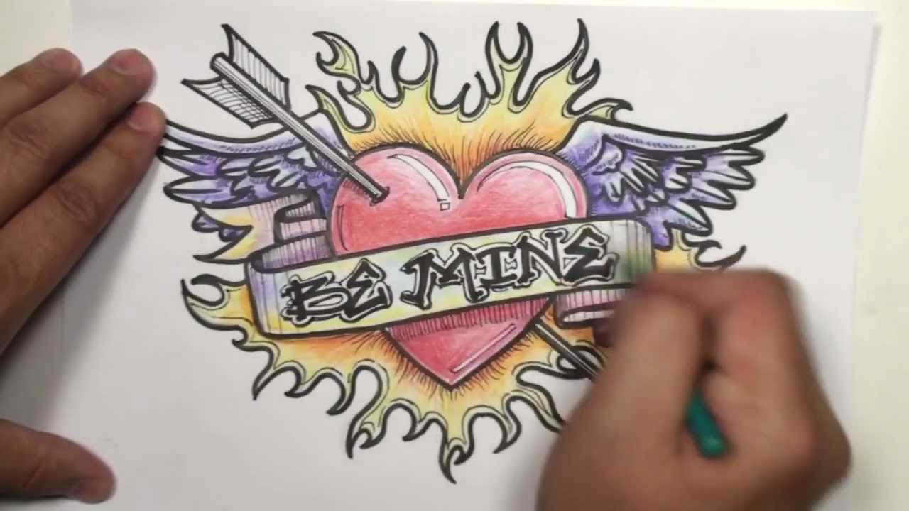 1280x720 Speed Drawing How To Draw A Heart With Wings, Arrow, Ribbon - Cool Drawing Of A Heart