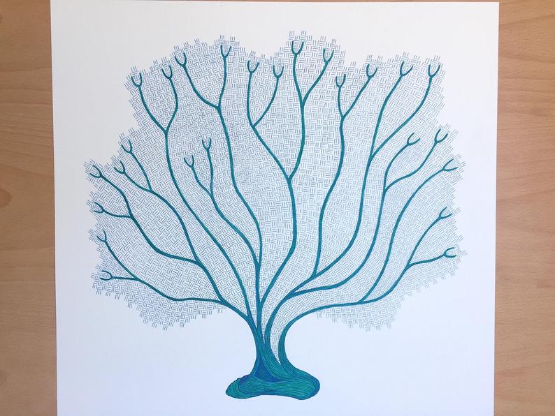 794x596 Blue And Green Sea Fan Coral Drawing Ink Pen On White Paper Etsy - Coral Drawing