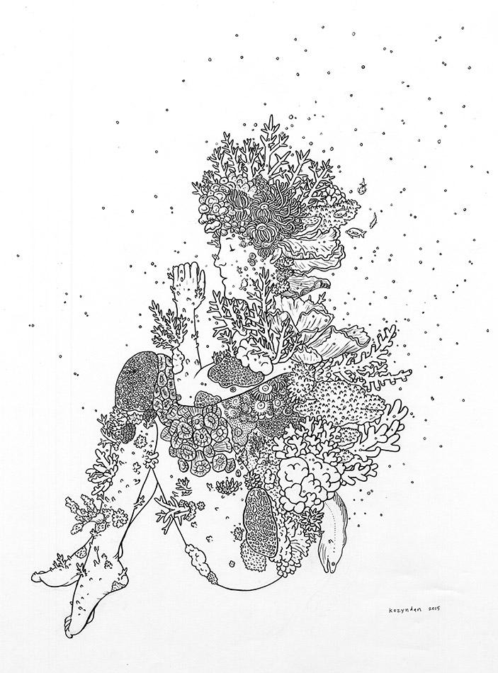703x950 Coral Maiden Ink Drawing Kozyndan - Coral Line Drawing