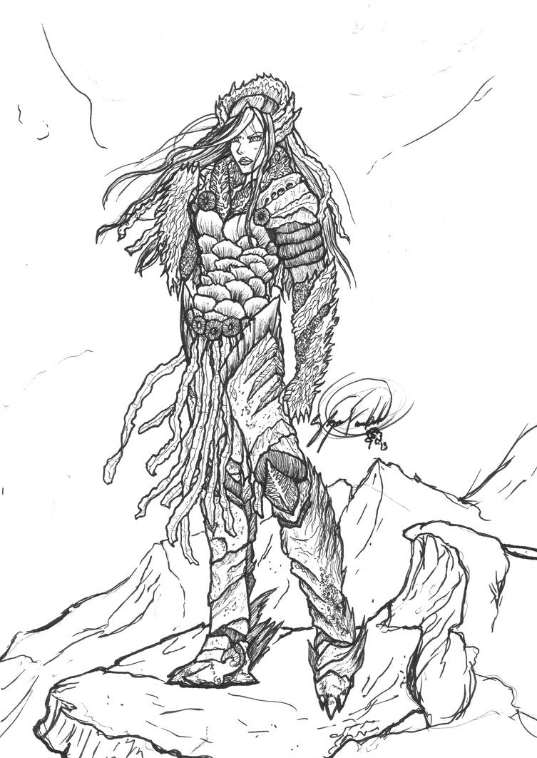 753x1062 Female Coral Armor Concept Line Art - Coral Line Drawing