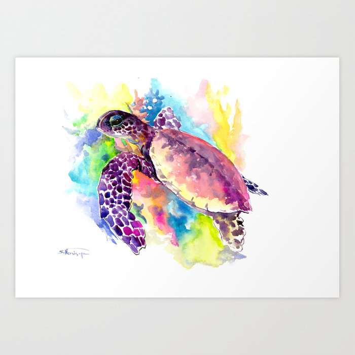 700x700 Sea Turtle In Coral Reef, Tropical Colors Sea World Purple Yellow - Coral Reef Drawing With Color
