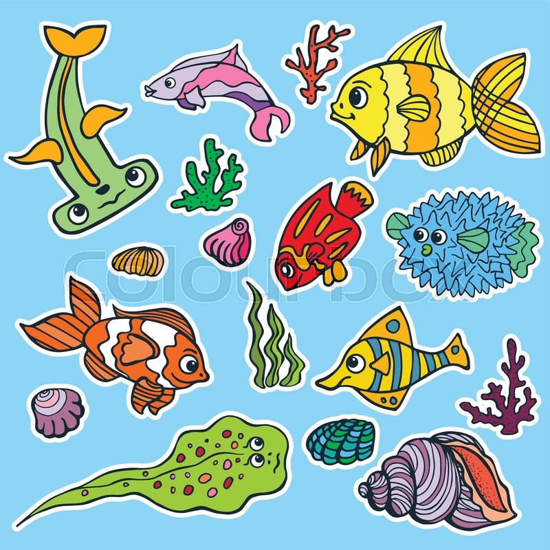 800x800 Sea Life Fish Stickers Set With Stock Vector Colourbox - Coral Reef Drawing With Color