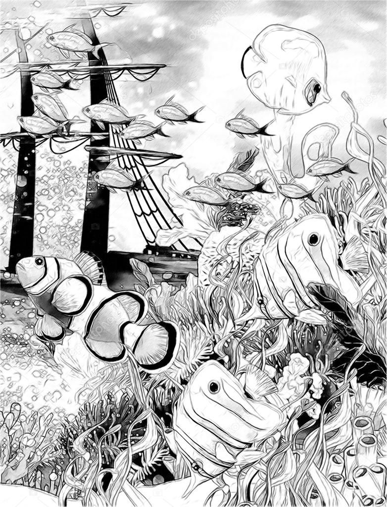 782x1023 Colored Pencil Drawings Of Underwater Coral Reef With Ship Wreck - Coral Reef Drawing With Color