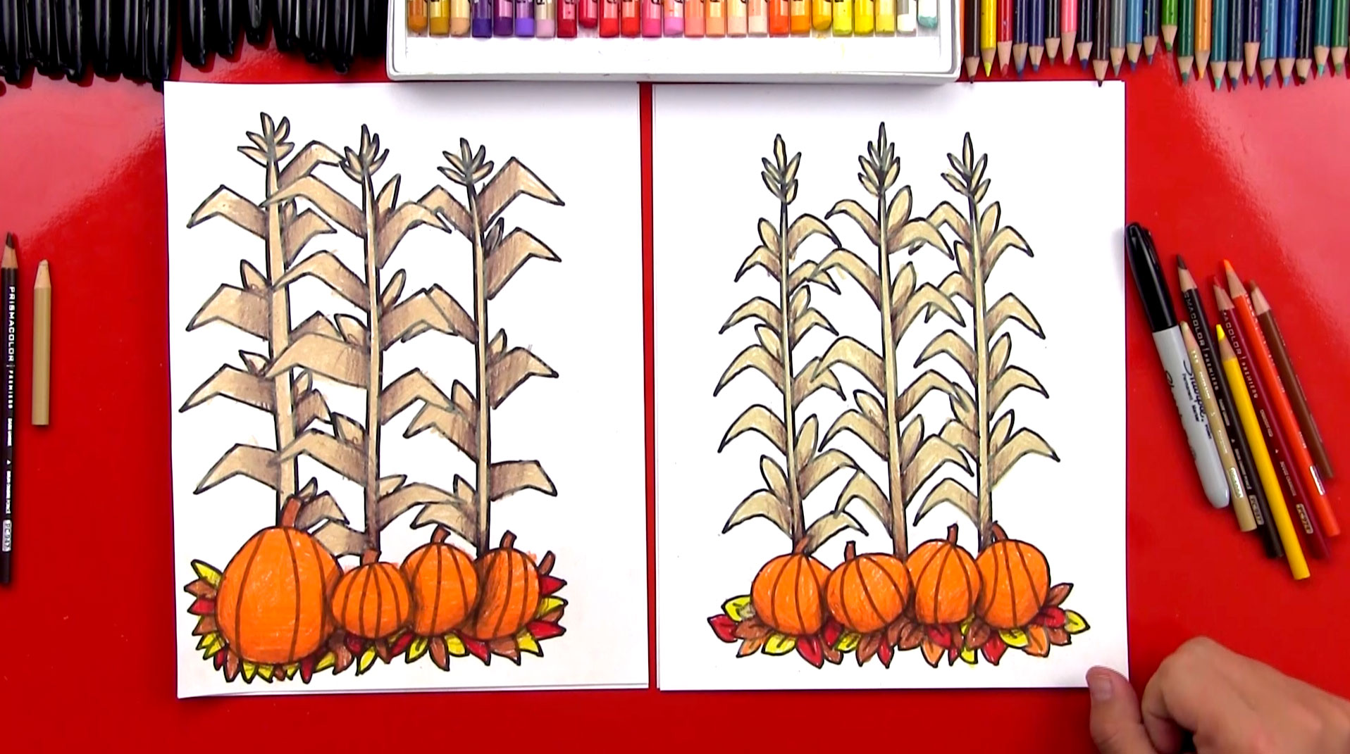 1916x1071 How To Draw Autumn Corn Stalks And Pumpkins - Corn Stalk Drawing