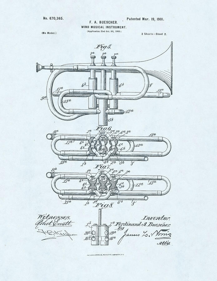695x900 Cornet Patent Drawing On Blue Background Drawing - Cornet Drawing