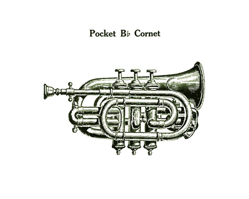 794x635 Vintage Band Instrument Pocket Trumpet Cornet Drawing Great Etsy - Cornet Drawing