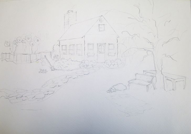 728x512 How To Draw And Paint A Romantic Cottage In Perspective - Cottage Drawing