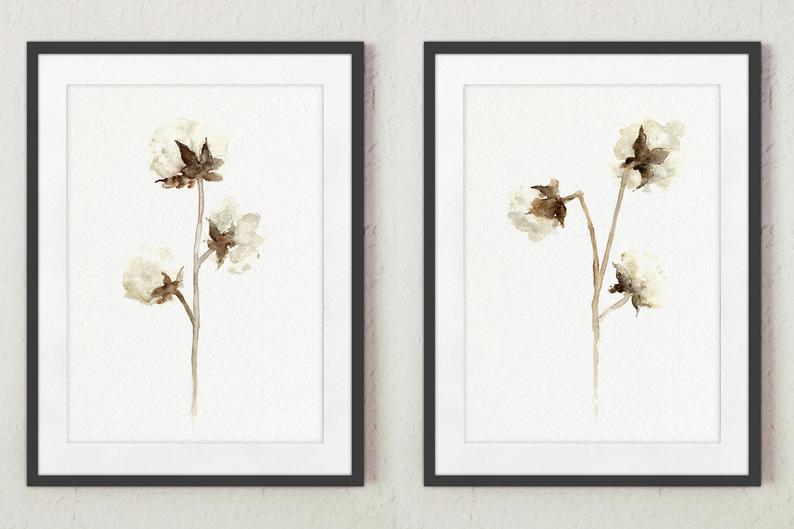 794x529 Cotton Set Of Floral Wall Painting Cotton Bolls Drawing Etsy - Cotton Boll Drawing