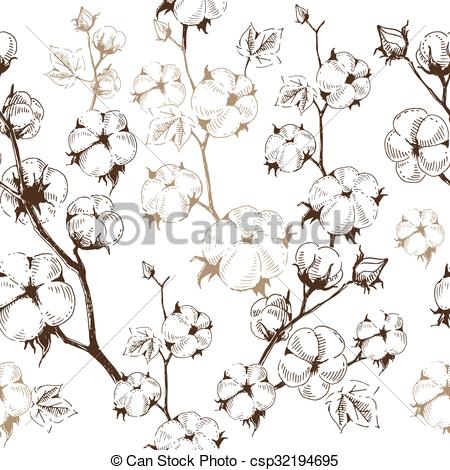 450x470 organic stems of cotton plants on white background, seamless - Cotton Plant Drawing