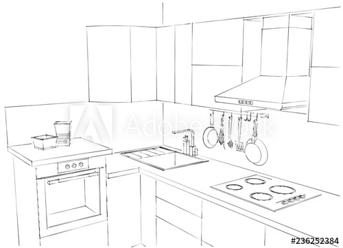 500x362 modern kitchen counter close up sketch drawing - Counter Drawing