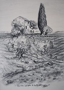 215x300 drawing charcoal signed pascal maixent with dedication - Countryside Drawing